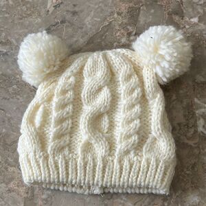 Laura Ashley, cream knitted hat, fleece lining, warm, 2 pom-pom ears, 12-24 mon.